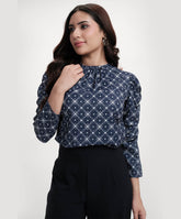 Long Sleeve Detailed Printed Chiffon Blue Top