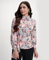 Long Sleeve Waist Tie Printed Pink Top
