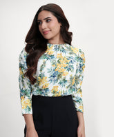 Long Sleeve Detailed Printed Chiffon Top