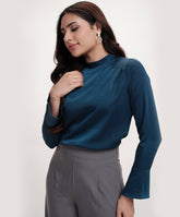 Side Pleated Long Sleeve Satin Top