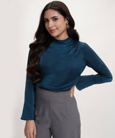 Side Pleated Long Sleeve Satin Top