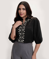 Neck Line Embroidered Long Sleeve Chiffon Top