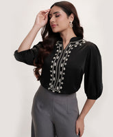 Neck Line Embroidered Long Sleeve Chiffon Top