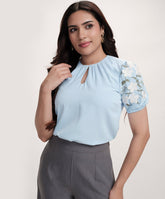 Sleeve Embroidered Chiffon Neck Pleated Top