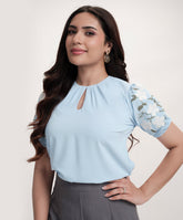 Sleeve Embroidered Chiffon Neck Pleated Top