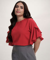 Flared Sleeve Chiffon Top-Red