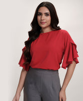 Flared Sleeve Chiffon Top-Red