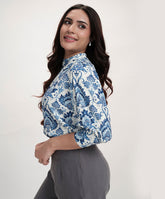 Collar Band Attached Printed Three Quarter Sleeve Top