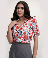 Vneck Flared Sleeve Red Printed Top