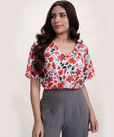 Vneck Flared Sleeve Red Printed Top