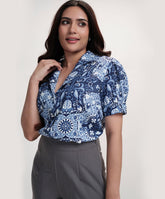 Deep Vneck Lapel Blue Printed Top