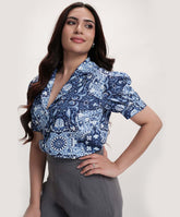 Deep Vneck Lapel Blue Printed Top