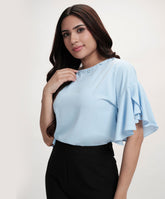 Flared Sleeve Chiffon Top-Light Blue