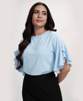 Flared Sleeve Chiffon Top-Light Blue