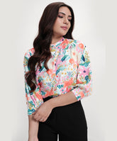 Split Collar Cuffed Sleeve Printed Top