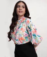 Split Collar Cuffed Sleeve Printed Top