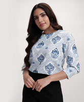 Blue Floral Printed Round Neck Chiffon Top