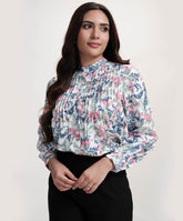 Pintuck Detailed Sleeve White Printed Top