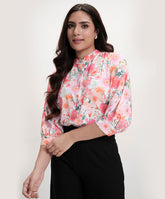 Split Collar Cuffed Sleeve Printed Shirt Top