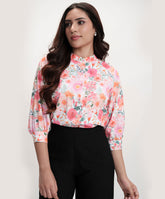 Split Collar Cuffed Sleeve Printed Shirt Top