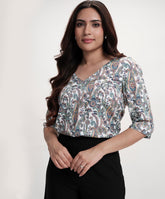 Green Printed Half Sleeve Vneck Top