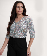Green Printed Half Sleeve Vneck Top