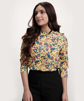 Yellow Floral Printed Round Neck Chiffon Top