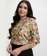 Yellow Floral Printed Round Neck Chiffon Top