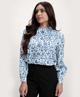 Pintuck Detailed Long Sleeve Printed Top