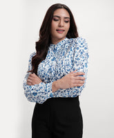 Pintuck Detailed Long Sleeve Printed Top