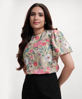 Round Neck Sleeve Detailed Printed Top