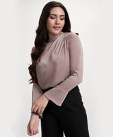 Side Pleated Long Sleeve Brown Satin Top