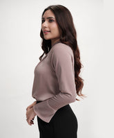 Side Pleated Long Sleeve Brown Satin Top