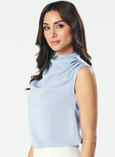 Sleeveless Cowl High Neck Satin Pastel -Blue Top