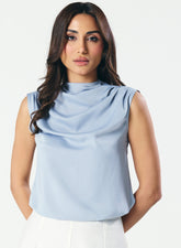 Sleeveless Cowl High Neck Satin Pastel -Blue Top