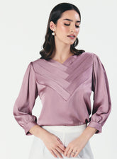 Slanted Pleated Crepe Satin Plum-Purple Top