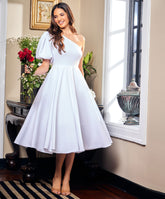 One Shoulder Puff Sleeve White Dress