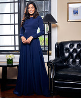 Side Bow Long Sleeve Maxi Blue Dress