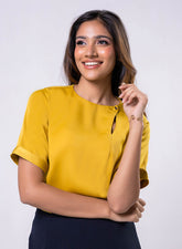 Side Neck Buttoned Short Sleeve Satin Top