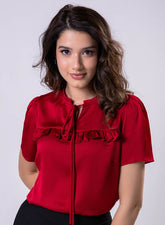 Short Sleeve Frilled Top-Red