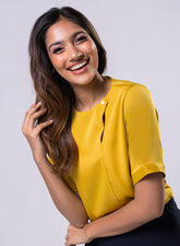 Side Neck Buttoned Short Sleeve Satin Top