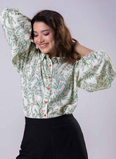 Long Sleeve Elasicated Printed Chiffon Shirt Top