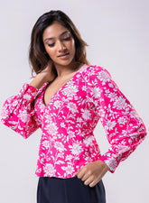 Long Sleeve V Neck Chiffon Printed Top-Pink