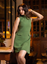 Front Panelled Mini Dress With Flaps - Green