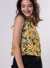 Sleeveless Printed Yellow Top With A Bow