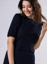 Round Neck Shift Dress With Flaps -Navy Blue