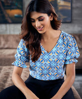 Vneck Chiffon Printed Half Sleeve Top