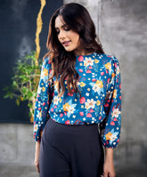 Floral Long Sleeve Blue Chiffon Top