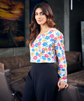 Long Sleeve Gathered Chiffon Printed Top