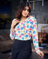 Long Sleeve Gathered Chiffon Printed Top